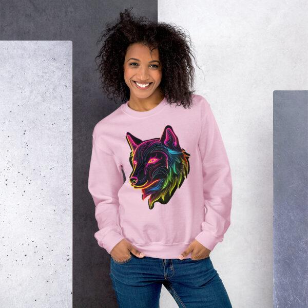 Détail du design de loup néon sur le sweat