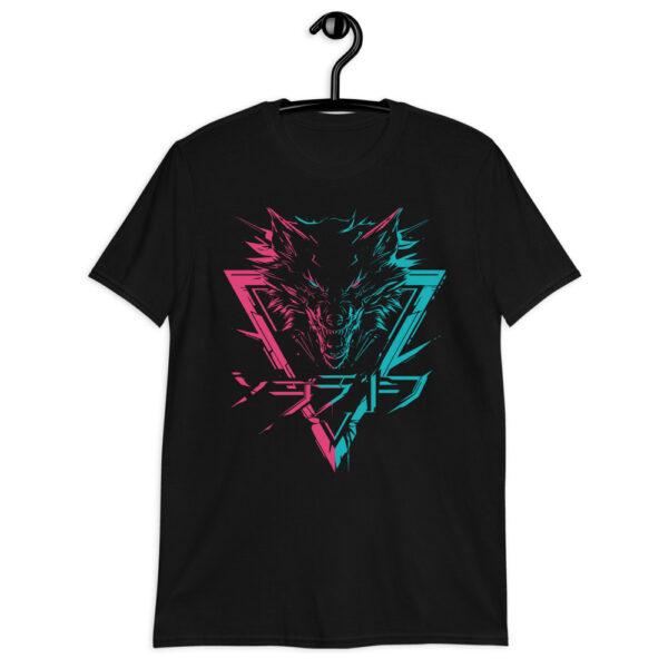 Détail du t-shirt Loup Rose et Cyan, loup en couleurs fluorescentes avec éléments technologiques