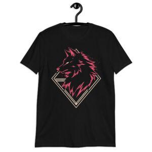 Détail du t-shirt Le Loup Rouge, silhouette de loup rouge en éléments géométriques