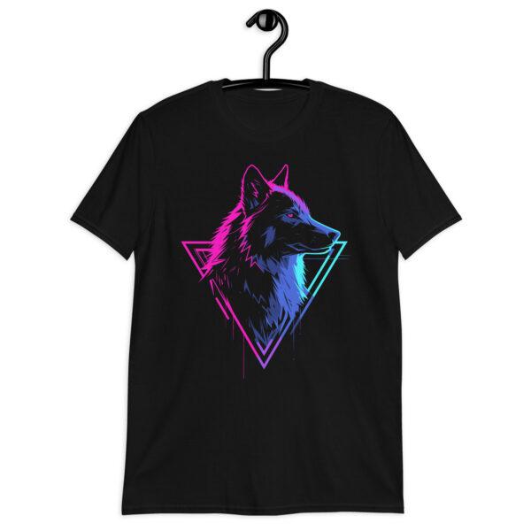 Détail du t-shirt Surveillance, tête de loup futuriste en couleurs fluorescentes