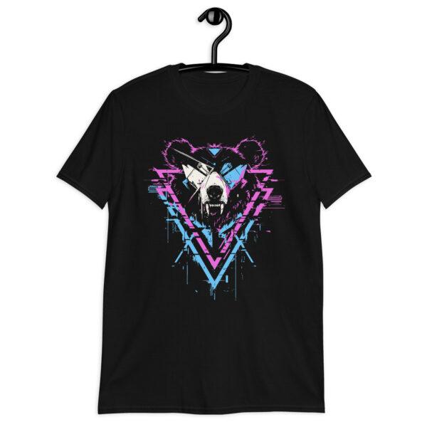 Détail du t-shirt BearBass, tête d'ours en motifs cyber colorés