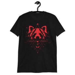 Détail du t-shirt Panda Furtif, tête de panda rouge en teintes vives