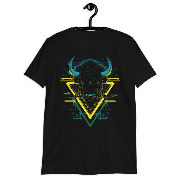 Détail du t-shirt Le Bison, tête de bison en teintes bleues et jaunes