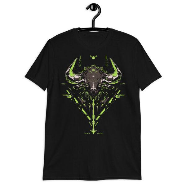 Détail du t-shirt Cyber Bison, design cybernétique en couleurs vives